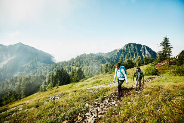 Deux randonneurs sur un sentier pédestre en montagne, l'été